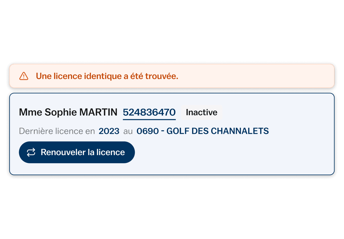 FF Golf: duplicate detection, exact match, prompt to renew rather than create