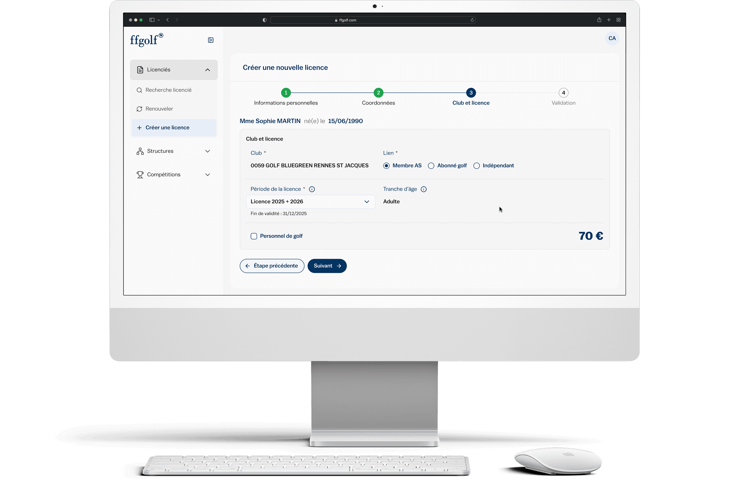 FF Golf: mockup of step 3 Create a new licence, club and licence, stepper and form
