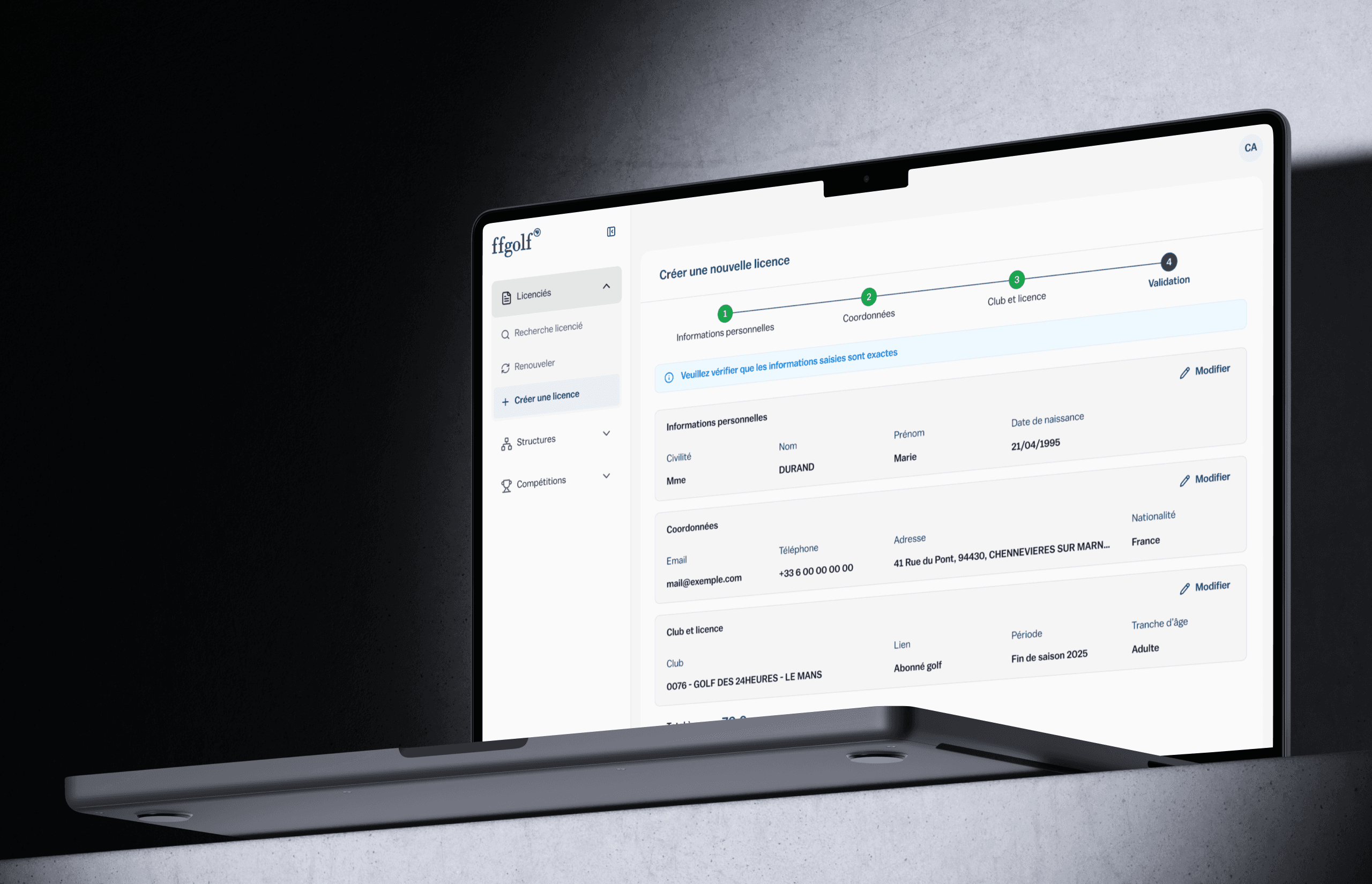 FF Golf: step 4 of the flow, validation of information before submit