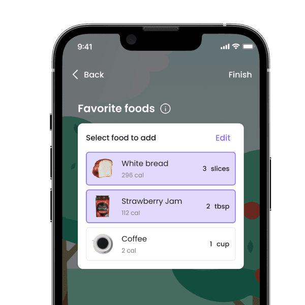 Favourite foods — quick selection and preset quantities